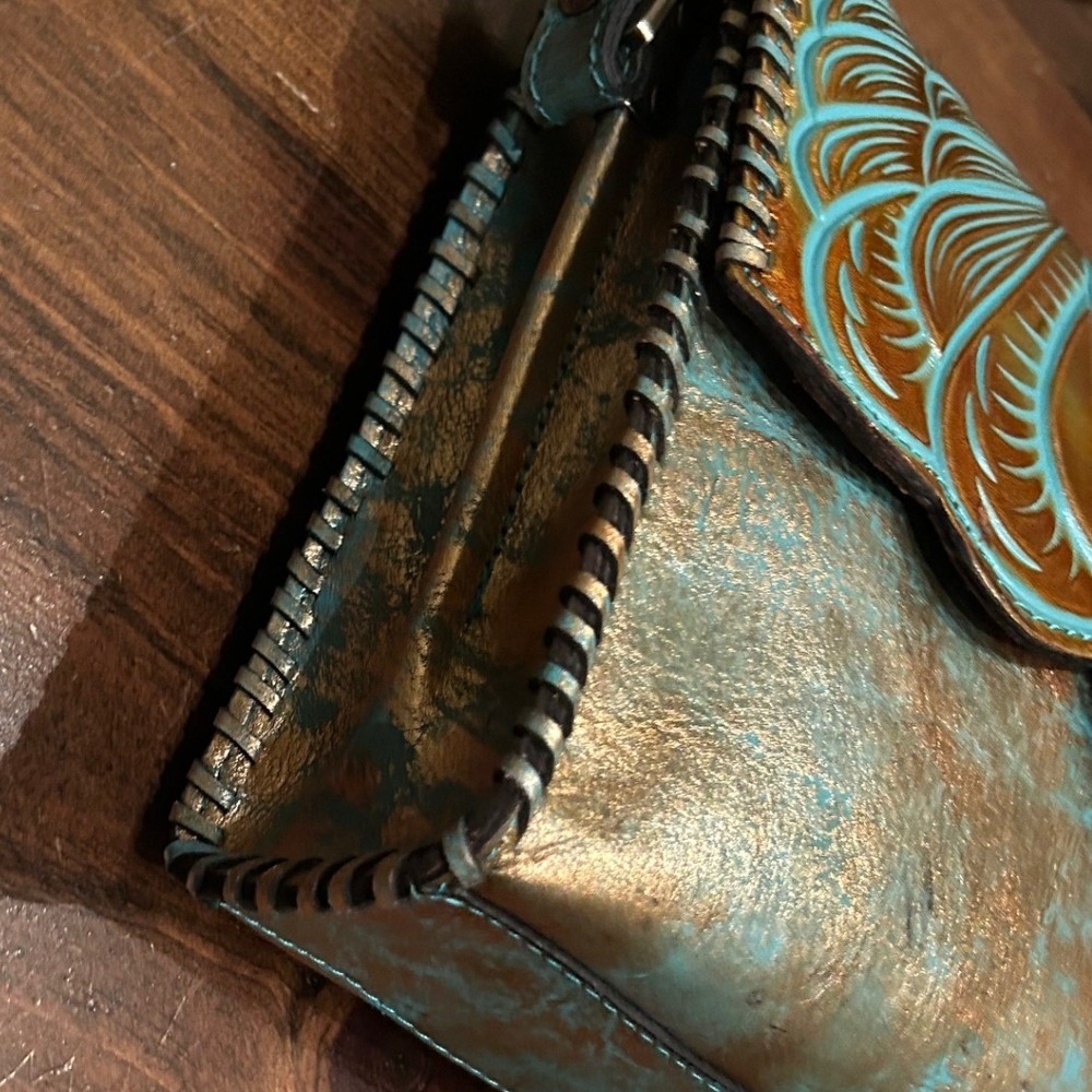 Patricia Nash Crossbody Bag Purse Turquoise Leather Western Boho Artisan Rustic - Picture 5 of 10